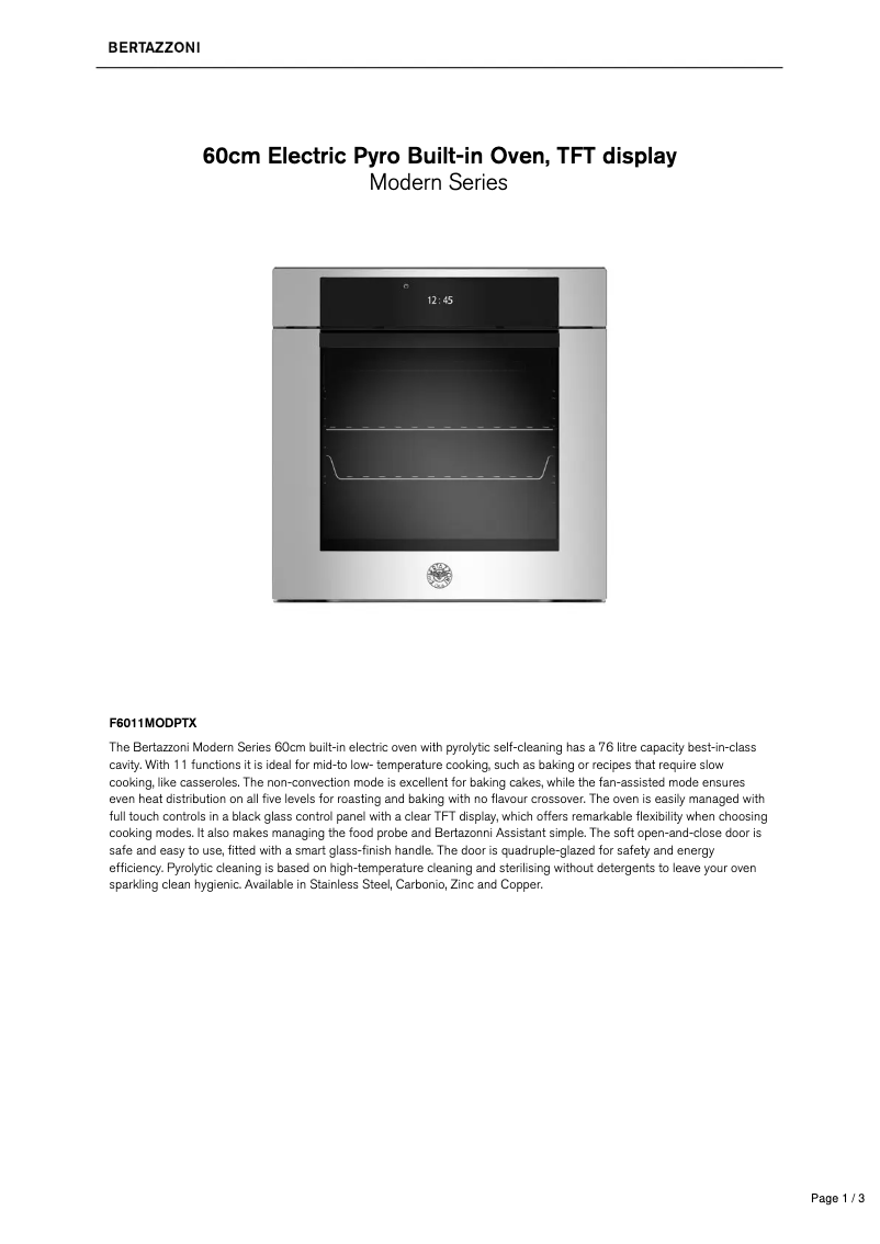 Page 1 de la notice Fiche technique Bertazzoni F6011MODPTX