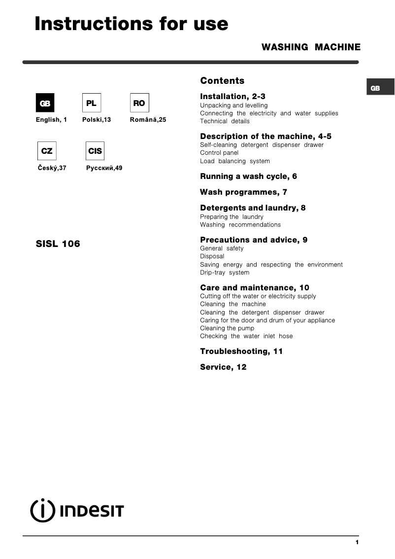 Page 1 de la notice Manuel utilisateur Indesit SISL 106