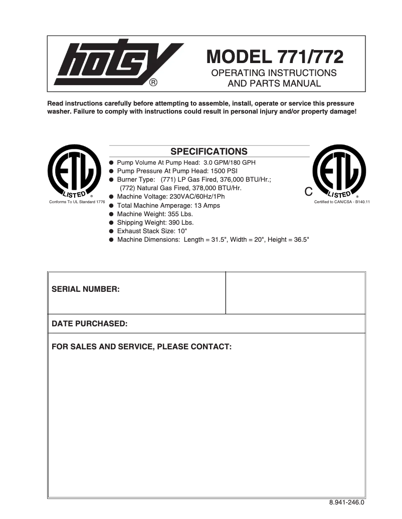 Page n°1 - Manuel utilisateur Hotsy 771