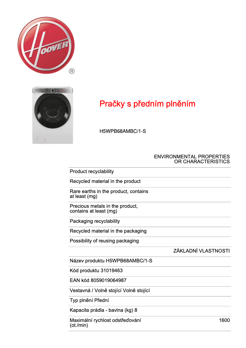 Page 1 de la notice Fiche technique Hoover H5WPB68AMBC/1-S