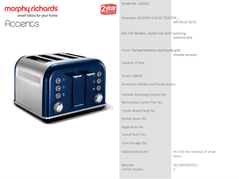 Page 1 de la notice Fiche technique Morphy Richards Accents 242024