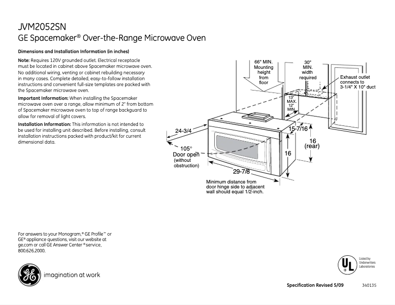 Page n°1 - Fiche technique GE Spacemaker JVM2052SNSS