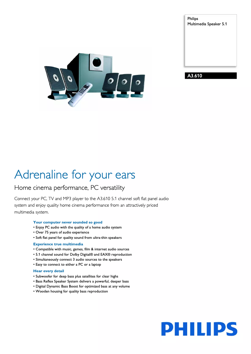 Page 1 de la notice Fiche technique Philips A3.610