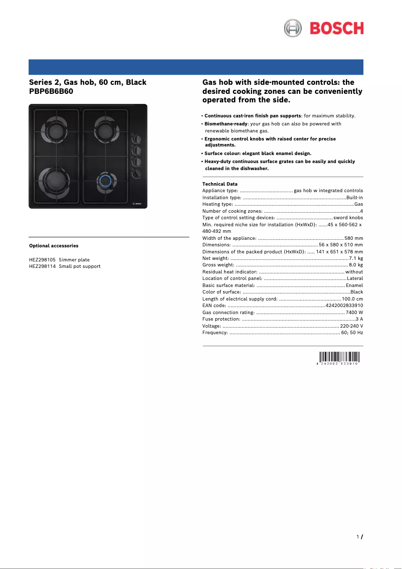 Page n°1 - Fiche technique Bosch PBP6B6B60