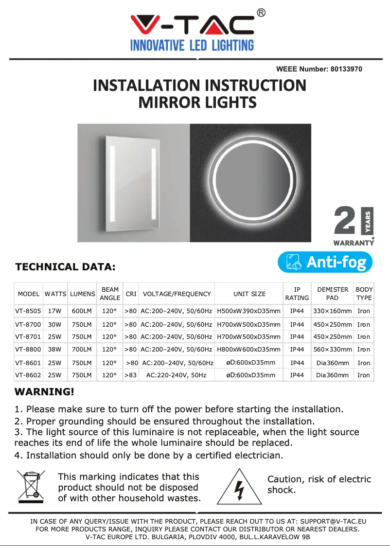 Page 1 de la notice Manuel utilisateur V-TAC VT-8505