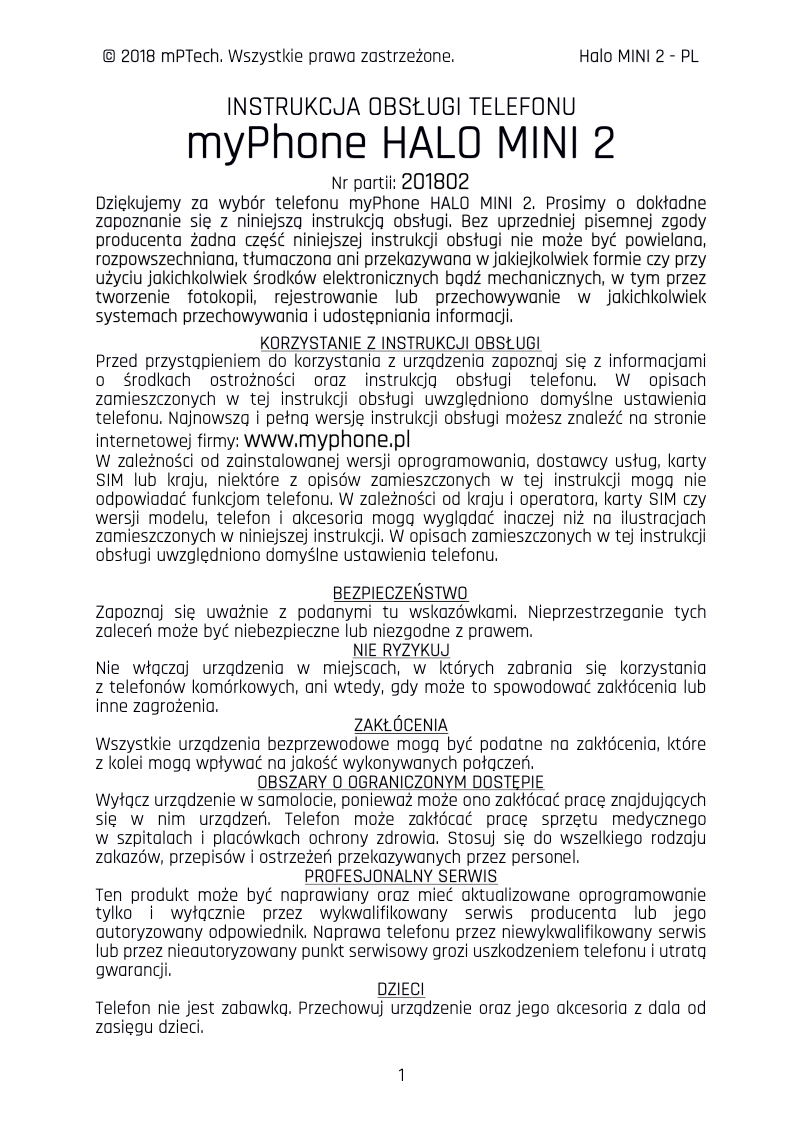 Page 1 de la notice Manuel utilisateur myPhone Halo Mini 2
