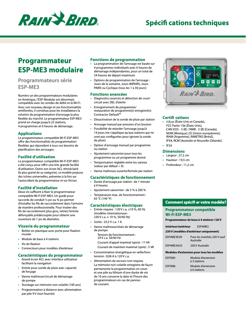 Página 1 del manual Ficha técnica Rain Bird ESP-ME3