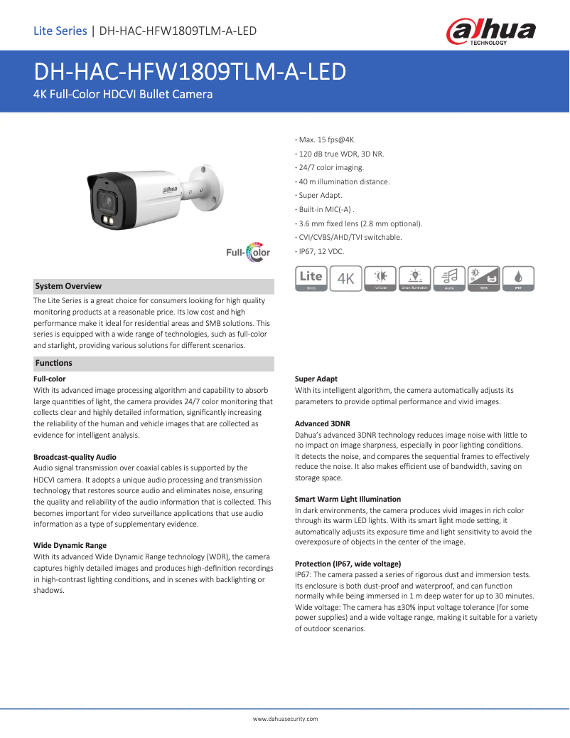 Page n°1 - Fiche technique Dahua Technology HAC-HFW1809TLM-A-LED