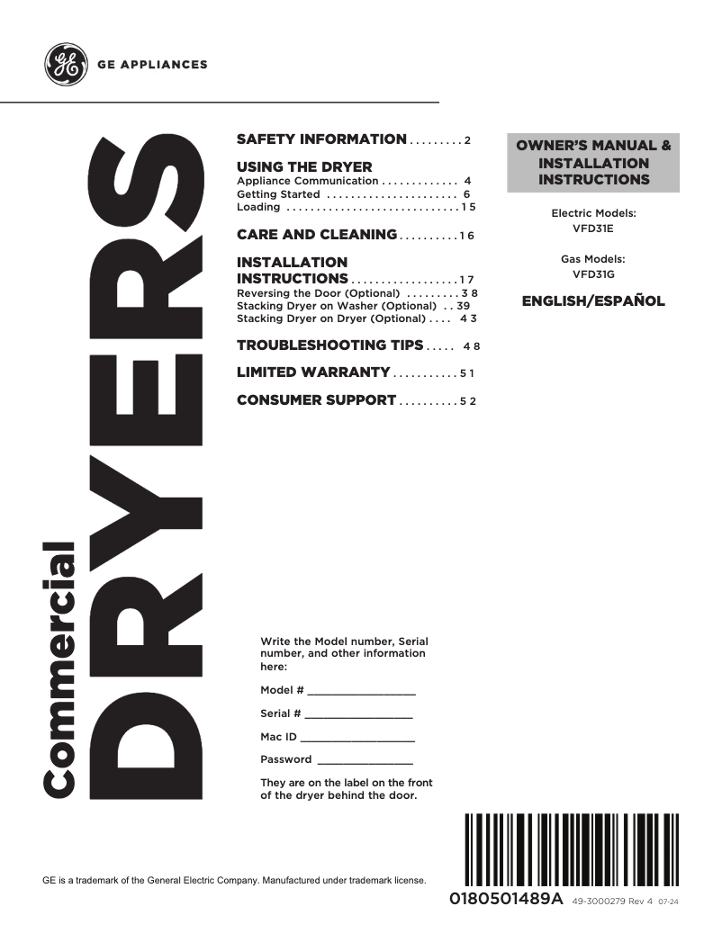 Page 1 de la notice Manuel d'utilisation et d'entretien GE VFD31GSSRWW