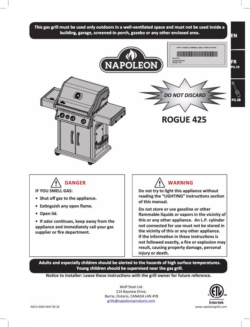 Page n°1 - Manuel utilisateur Napoleon Rogue 425 BE SIB