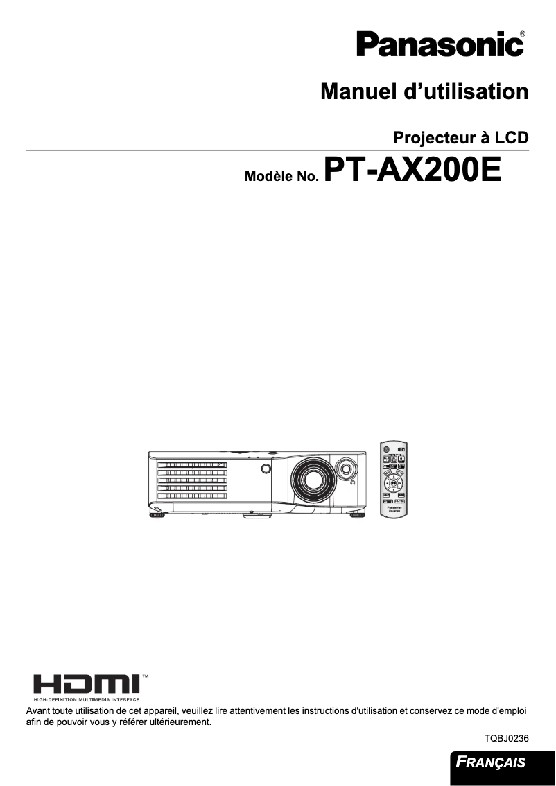 Page 1 de la notice Manuel utilisateur Panasonic PT-AX200