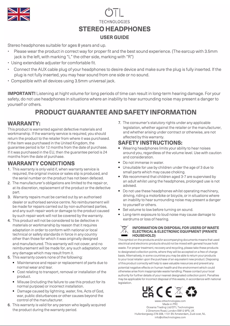 Page 1 de la notice Manuel utilisateur OTL Technologies Hello Kitty