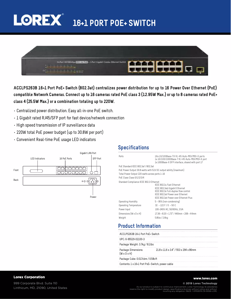 Página 1 del manual Ficha técnica Lorex ACCLPS263B