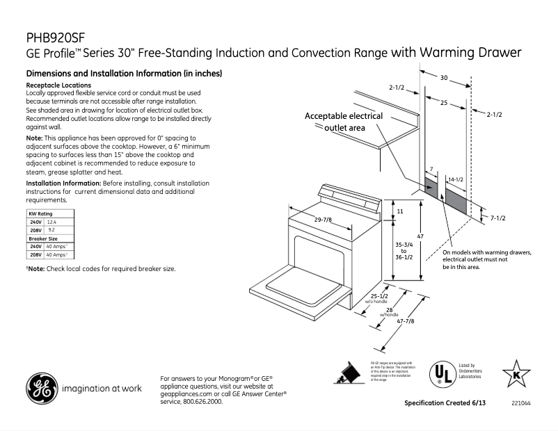Page n°1 - Fiche technique GE Profile PHB920SFSS