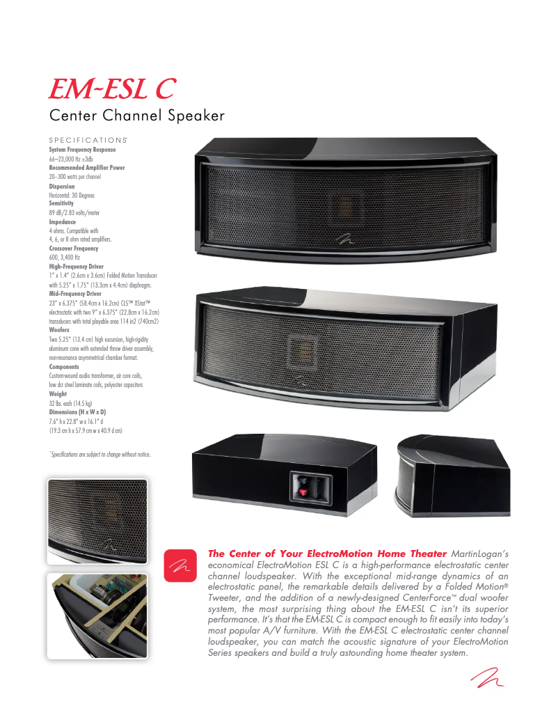 Page n°1 - Fiche technique Martin Logan ElectroMotion ESL C