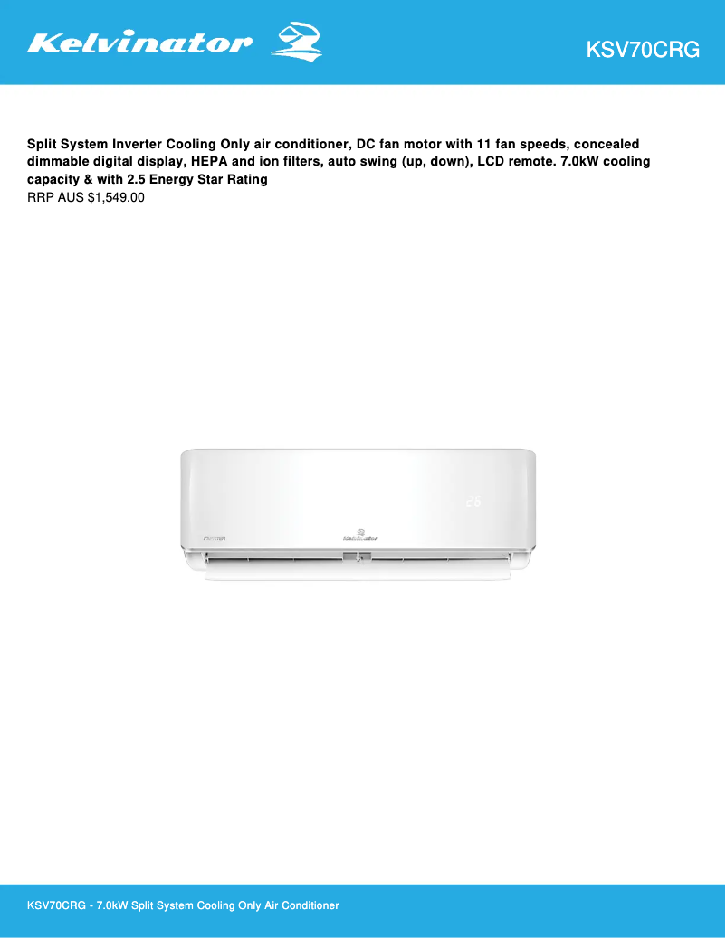 Page n°1 - Fiche technique Kelvinator KSV70CRG