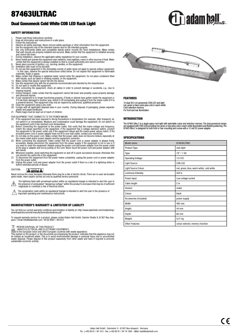 Page 1 de la notice Manuel utilisateur Adam Hall 87463ULTRAC