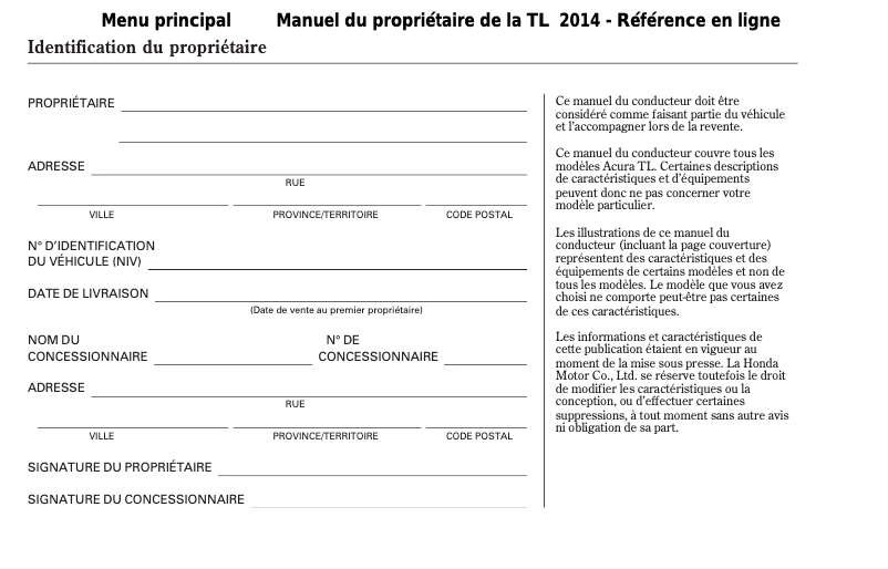Page 1 de la notice Manuel utilisateur Acura TL (2014)
