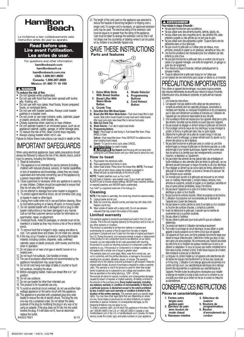 Page n°1 - Manuel utilisateur Hamilton Beach 22812