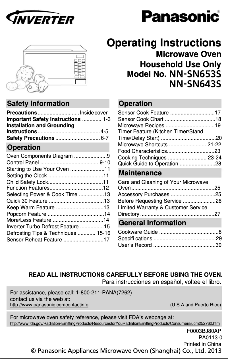 Page n°1 - Manuel utilisateur Panasonic Inverter NN-SN643