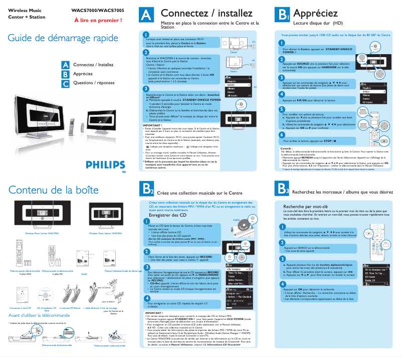 Page 1 de la notice Guide de démarrage rapide Philips WACS7000