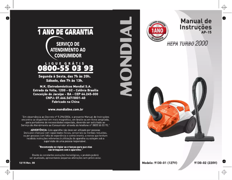 Page n°1 - Manuel utilisateur Mondial Hepa Turbo 2000 AP-15
