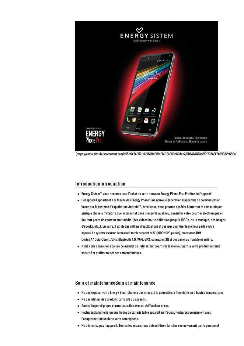 Image de la première page du manuel de l'appareil Energy Phone Pro