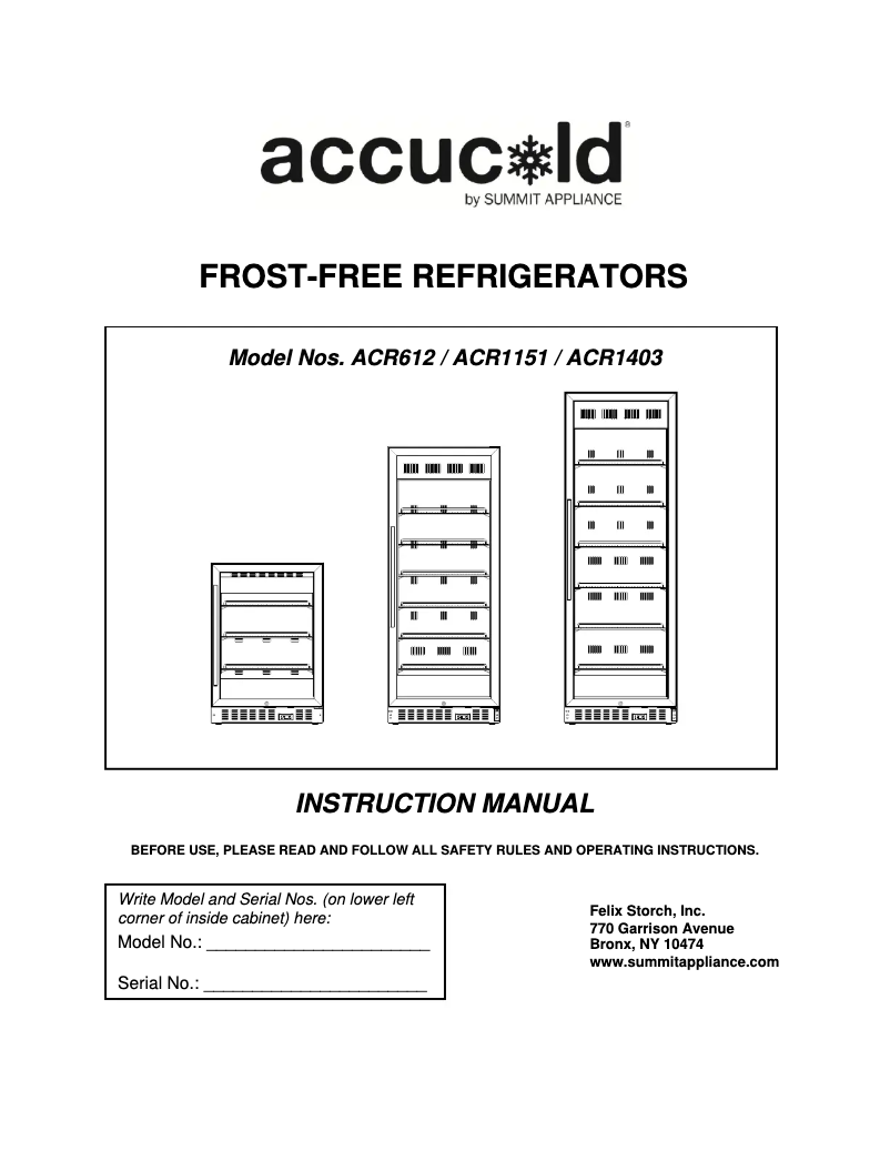 Page 1 de la notice Manuel utilisateur Accucold ACR1151