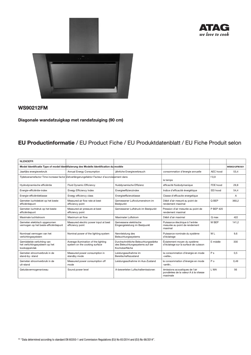 Page 1 de la notice Fiche technique Atag WS90212FM