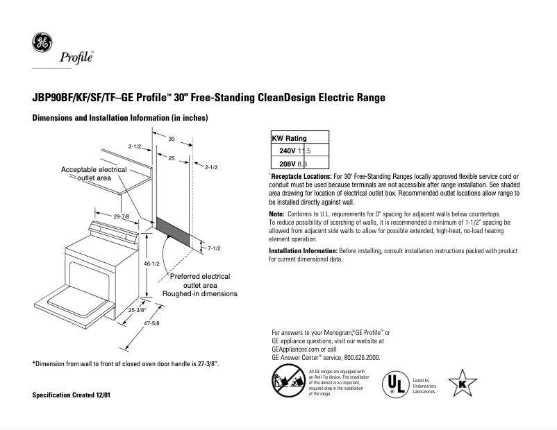 Page 1 of the manual Technical Sheet GE Profile JBP90BFBB