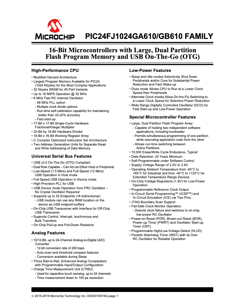 Page 1 de la notice Fiche technique Microchip PIC24FJ128GA606