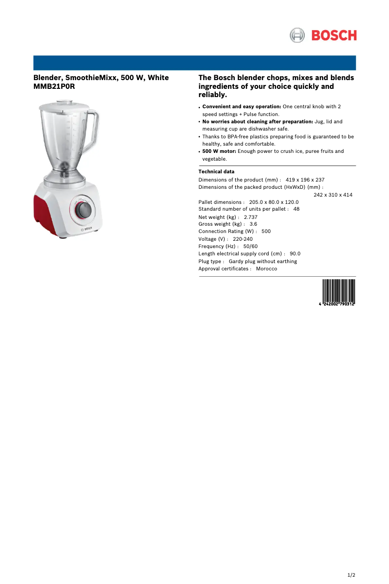 Página 1 del manual Ficha técnica Bosch MMB21P0R