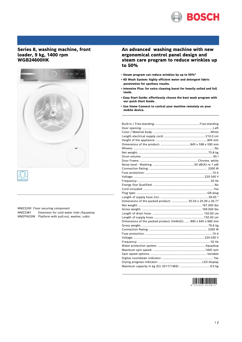 Page n°1 - Fiche technique Bosch WGB24600HK
