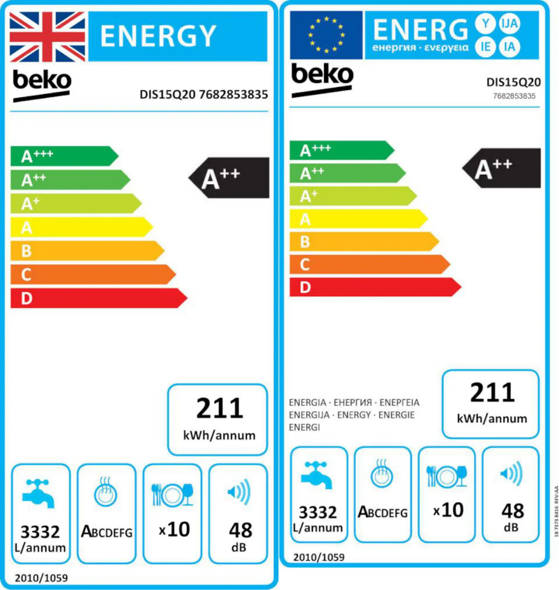 Page 1 de la notice Label énergétique Beko DIS15Q20