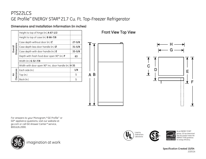 Page n°1 - Fiche technique GE PTS22LCSBB