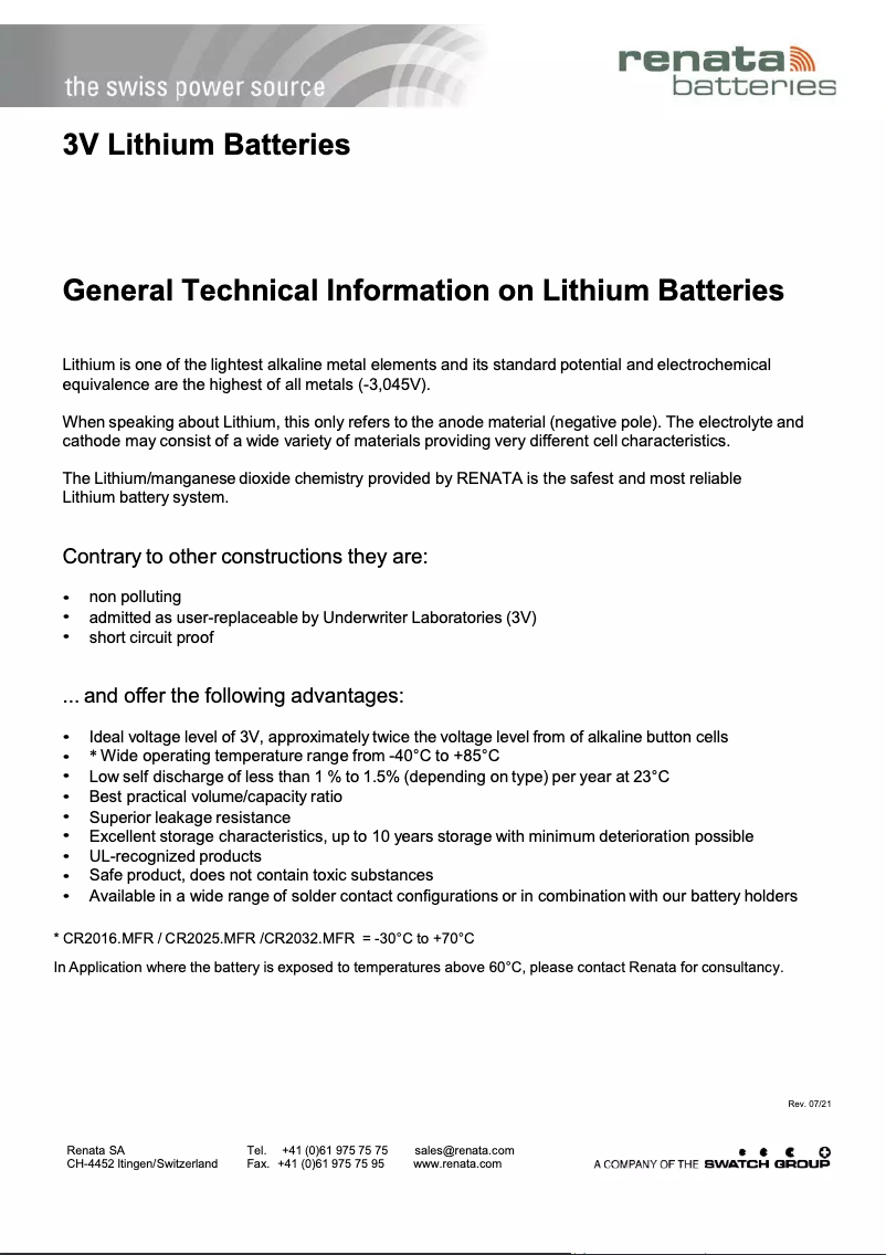Page 1 de la notice Manuel utilisateur Renata CR2032 MFR RV