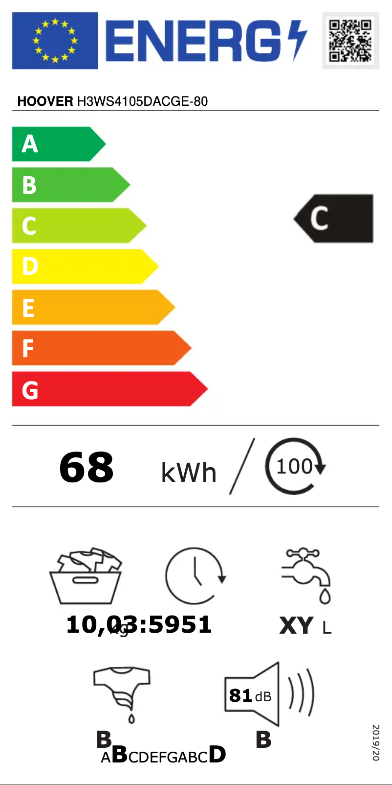 Page n°1 - Label énergétique Hoover H-WASH 300 LITE H3WS4105DACGE-80