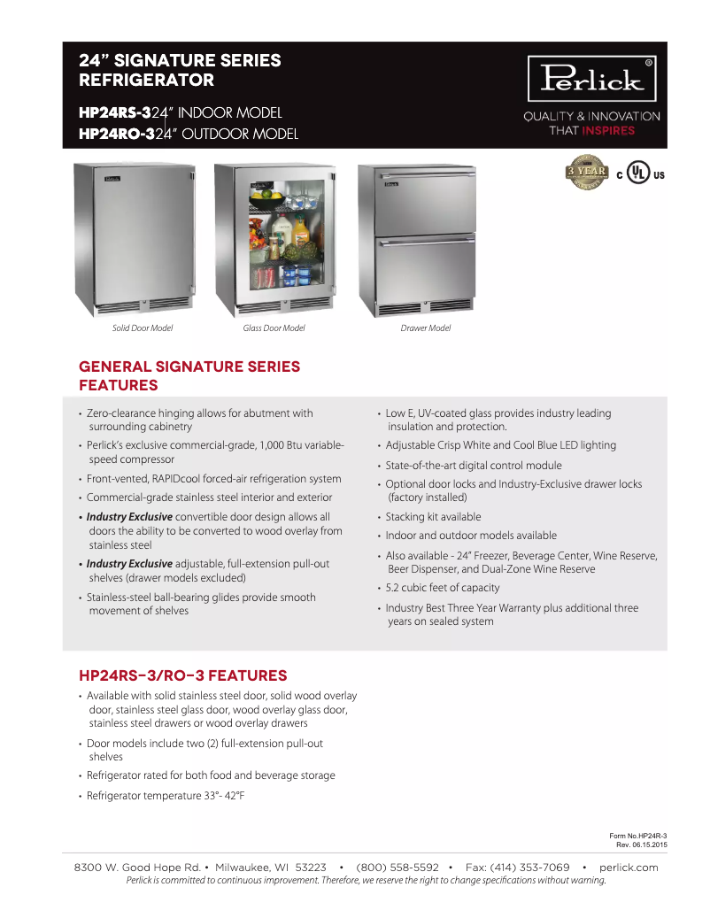 Page n°1 - Fiche technique Perlick HP24RS-3-3L