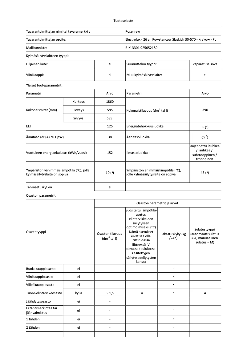 Page 1 de la notice Fiche technique Rosenlew RJKL3301
