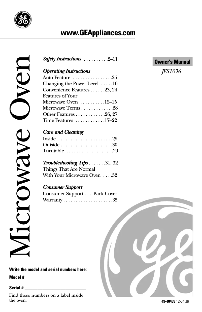 Page n°1 - Manuel utilisateur GE JES1036PWH