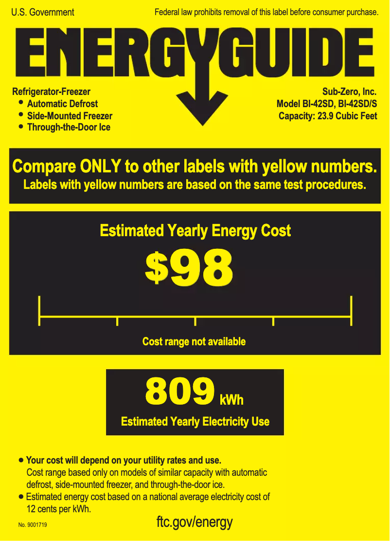 Page n°1 - Label énergétique Sub-Zero BI-42SD/S/PH