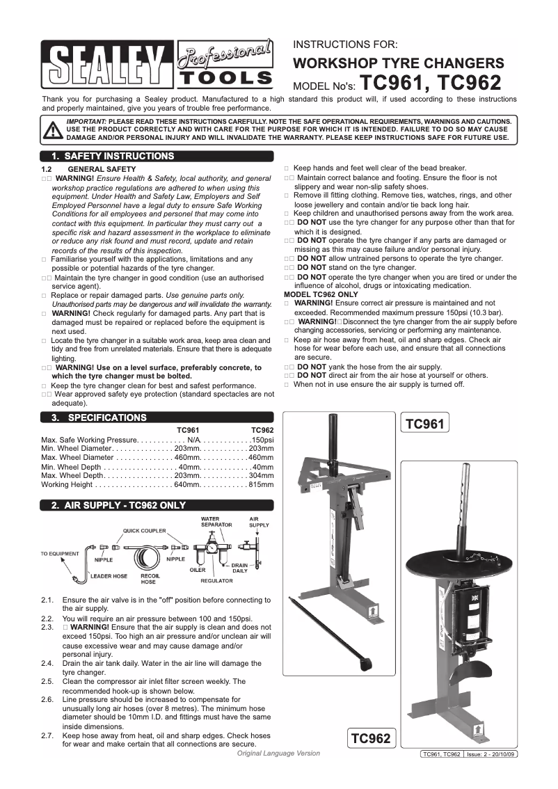 Page 1 de la notice Manuel utilisateur Sealey TC962