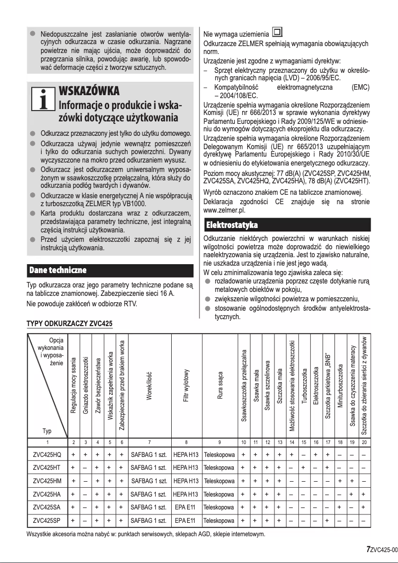 Page 1 de la notice Manuel utilisateur Zelmer Jupiter ZVC425HA