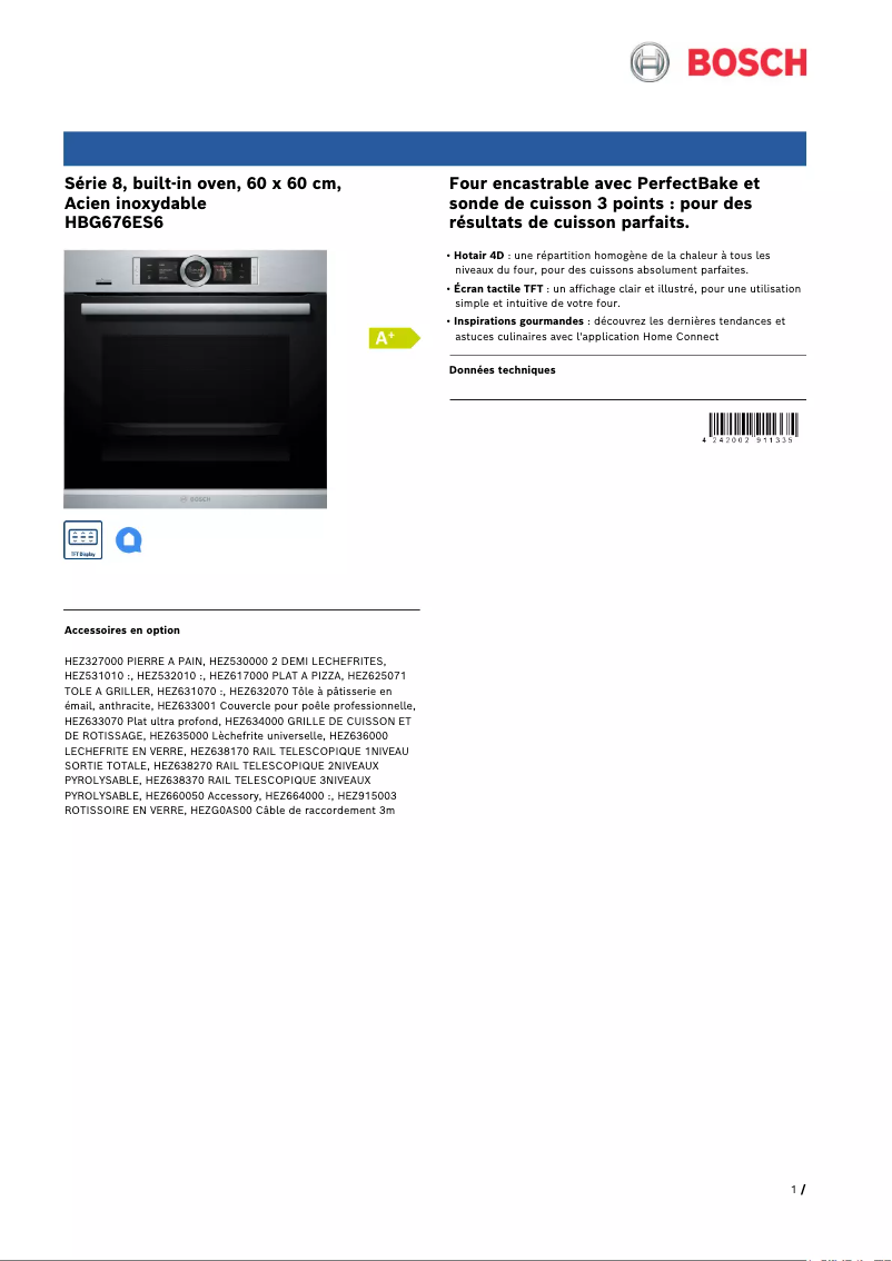 Page 1 de la notice Fiche technique Bosch Serie | 8 HBG676ES6
