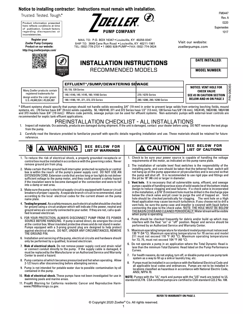 Page 1 de la notice Manuel utilisateur Zoeller M53