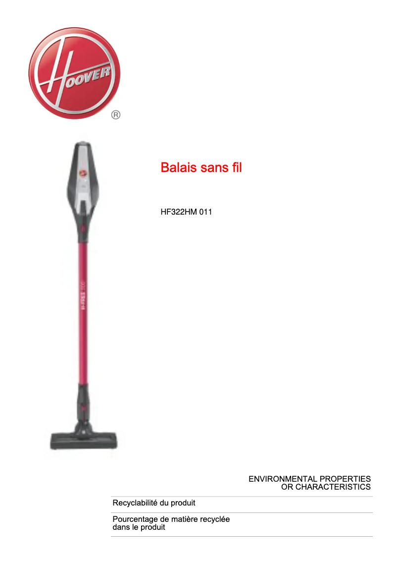 Page 1 de la notice Fiche technique Hoover H-FREE 300 HF322HM 011