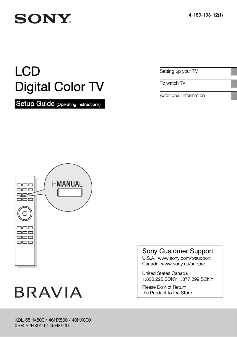 Image de la première page du manuel de l'appareil Bravia XBR-46HX909