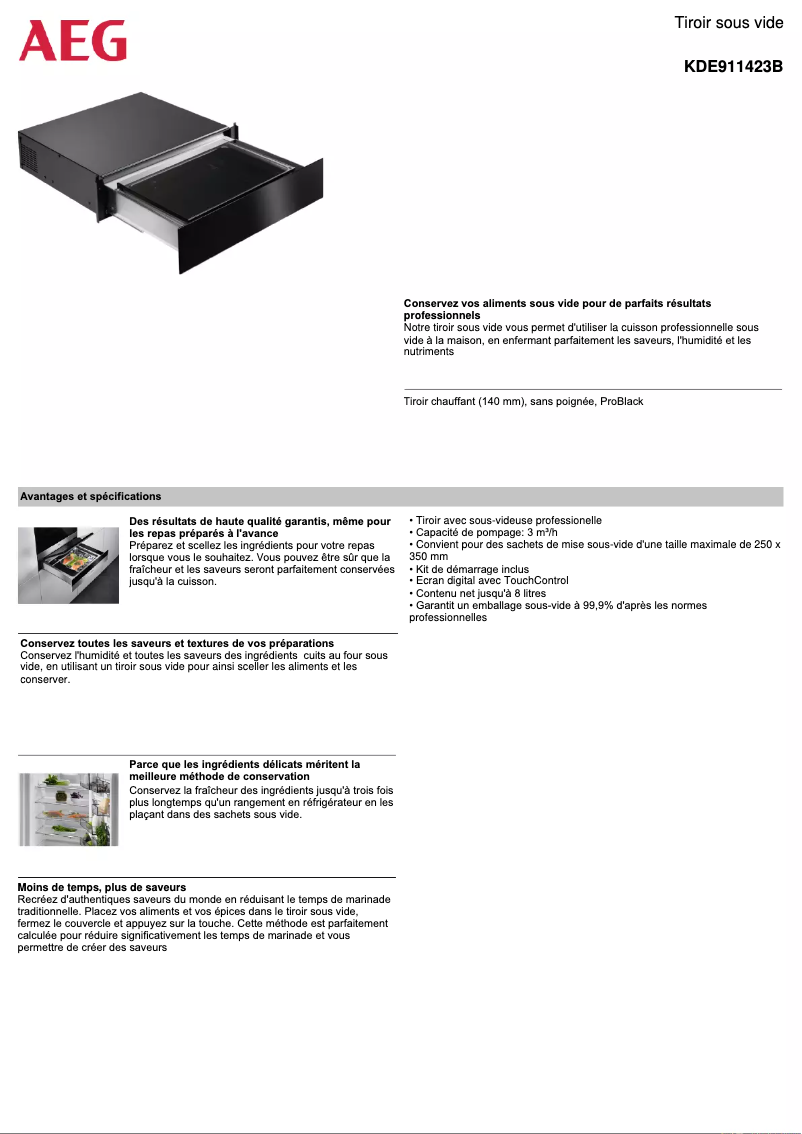 Page 1 de la notice Fiche technique AEG KDE911423B