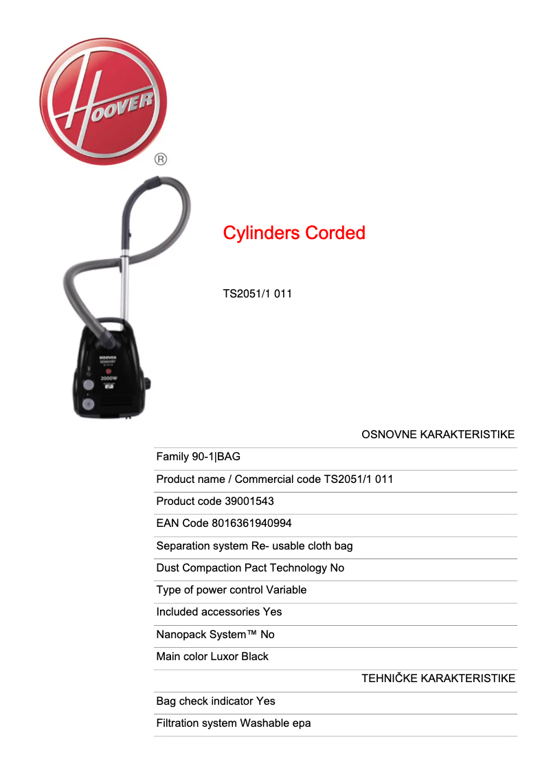 Page 1 de la notice Fiche technique Hoover Sensory TS2051/1 011