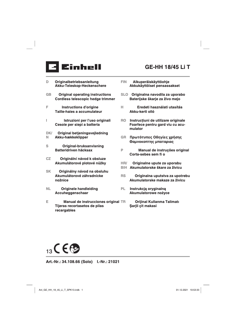 Page 1 de la notice Manuel utilisateur Einhell GE-HH 18/45 Li T-Solo